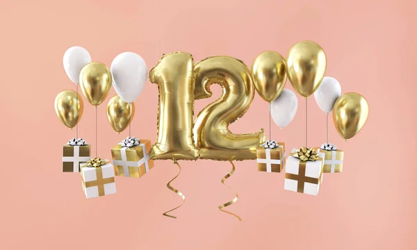 Number 12 birthday celebration gold balloon with presents. 3D Render — Stock Photo, Image