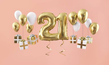 Sayı 21 hediye ile Doğum günü kutlama altın balon. 3D render