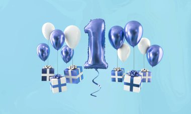 1 numara Doğum günü kutlama altın balon hediyeler ile. 3D render