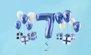 Hediye ile sayı 7 Doğum günü kutlama altın balon. 3D render