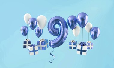 Sayı 9 hediye ile Doğum günü kutlama altın balon. 3D render