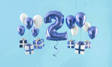 2 numara Doğum günü kutlama altın balon hediyeleri ile. 3D render