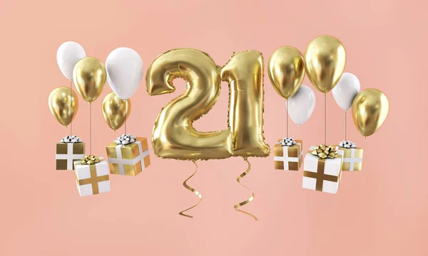 Nummer 21 Birthday Celebration Gold ballon met cadeautjes. 3D render — Stockfoto