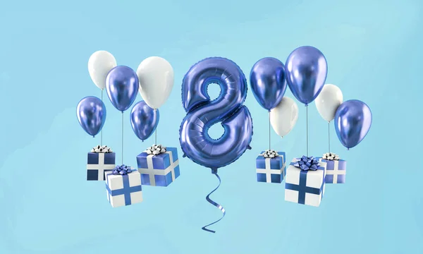 Numer 8 urodziny celebracja złota balon z prezentami. Renderowanie 3D — Zdjęcie stockowe