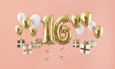 Hediye ile 16 numara Doğum günü kutlama altın balon. 3D render