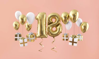 Hediye ile numara 18 Doğum günü kutlama altın balon. 3D render