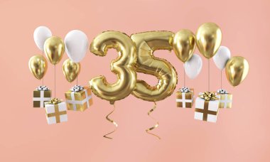 Sayı 35 hediye ile Doğum günü kutlama altın balon. 3D render