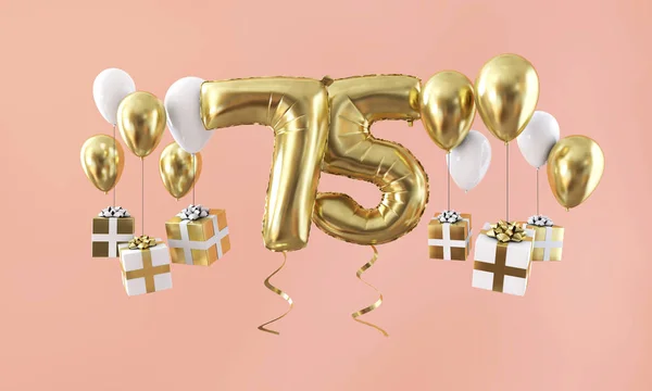 Number 75 birthday celebration gold balloon with presents. 3D Render
