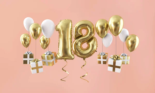 Number 18 birthday celebration gold balloon with presents. 3D Render — Stock Photo, Image