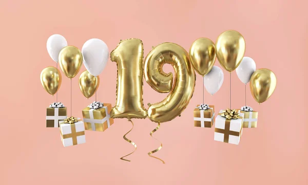 19号生日庆祝金气球与礼物。3d 渲染 — 图库照片