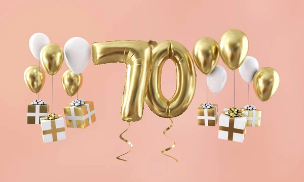 Αριθμός 70 γιορτή γενεθλίων χρυσό μπαλόνι με δώρα. Απόδοση 3D — Φωτογραφία Αρχείου