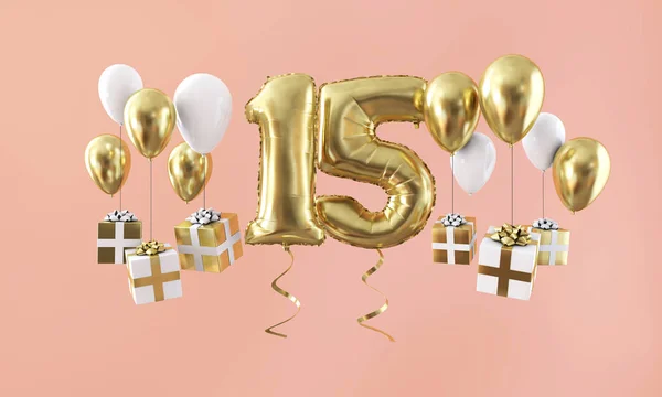 Número 15 cumpleaños celebración globo de oro con regalos. Renderizado 3D —  Fotos de Stock