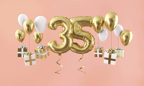 Number 35 birthday celebration gold balloon with presents. 3D Render