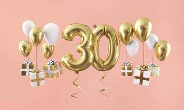 Hediye ile 30 numara Doğum günü kutlama altın balon. 3D render