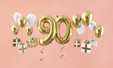 Sayı 90 hediye ile Doğum günü kutlama altın balon. 3D render
