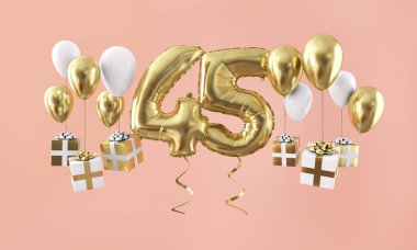 Number 45 birthday celebration gold balloon with presents. 3D Render clipart