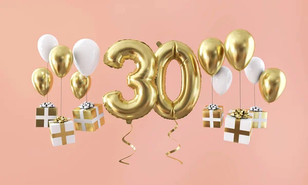 Number 30 birthday celebration gold balloon with presents. 3D Render — Stock Photo, Image