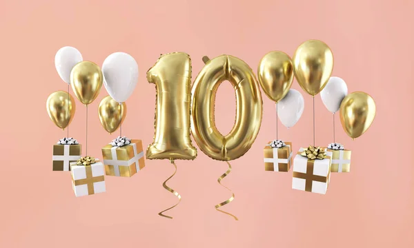 Zlatý balón s dárky číslo 10 oslavou. prostorové vykreslení — Stock fotografie