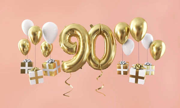 Number 90 birthday celebration gold balloon with presents. 3D Render