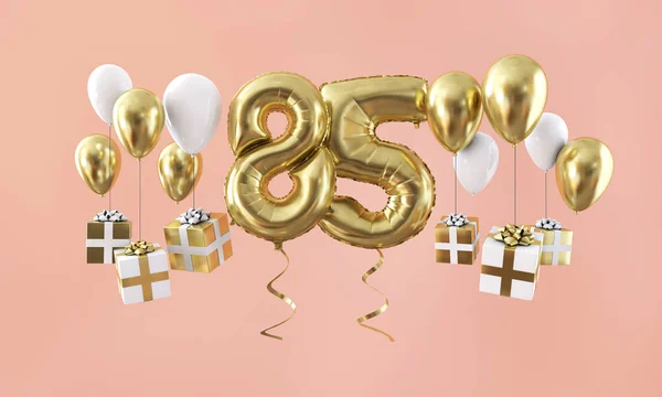 Number 85 birthday celebration gold balloon with presents. 3D Render