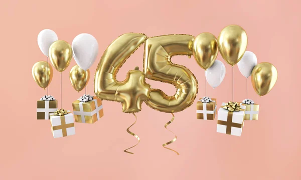 Número 45 cumpleaños celebración globo de oro con regalos. Renderizado 3D —  Fotos de Stock