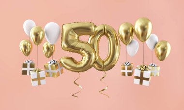 Sayı 50 hediye ile Doğum günü kutlama altın balon. 3D render