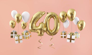 Number 40 birthday celebration gold balloon with presents. 3D Render clipart