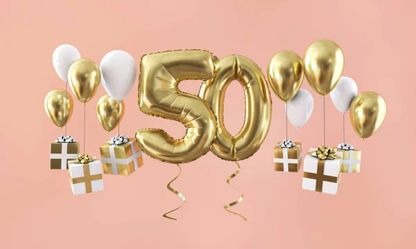 Number 50 birthday celebration gold balloon with presents. 3D Render — Stock Photo, Image