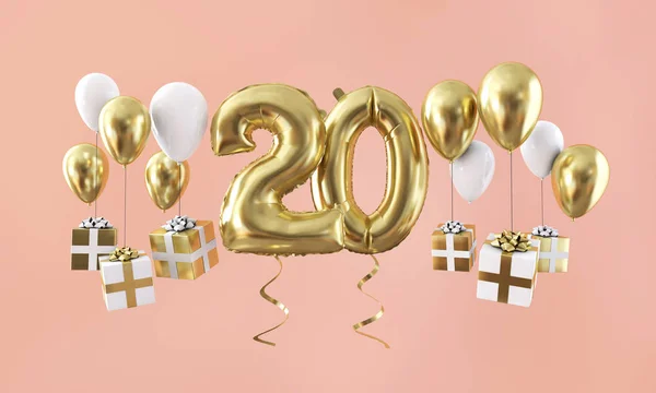 Numero 20 festa di compleanno palloncino d'oro con regali. Render 3D — Foto Stock