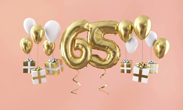 Nummer 65 Geburtstagsfeier Goldballon mit Geschenken. 3D-Darstellung — Stockfoto