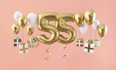 Sayı 55 hediye ile Doğum günü kutlama altın balon. 3D render
