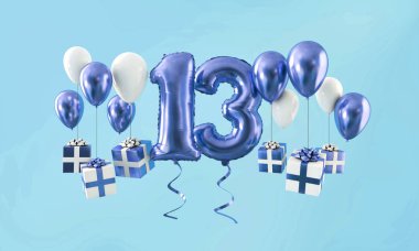 Hediye ile sayı 13 Doğum günü kutlama altın balon. 3D render