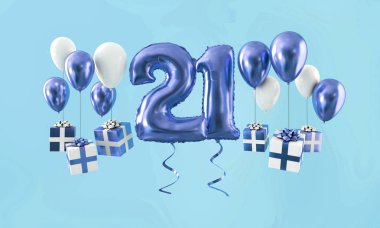 Sayı 21 hediye ile Doğum günü kutlama altın balon. 3D render