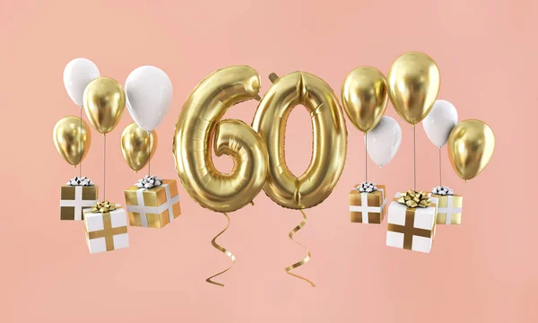 Number 60 birthday celebration gold balloon with presents. 3D Render
