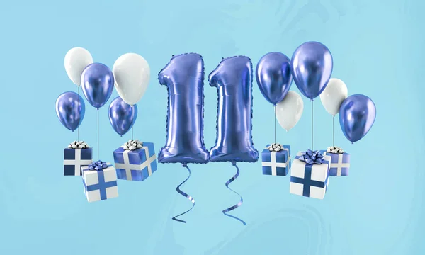 Numer 11 urodziny celebracja złota balon z prezentami. Renderowanie 3D — Zdjęcie stockowe