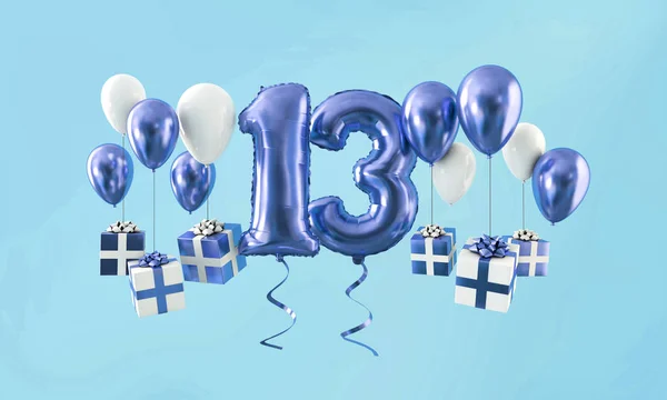 Número 13 cumpleaños celebración globo de oro con regalos. Renderizado 3D — Foto de Stock