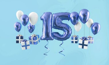 Hediye ile 15 numara Doğum günü kutlama altın balon. 3D render