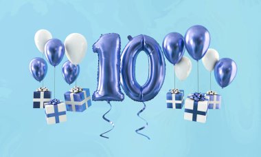 Hediye ile sayı 10 Doğum günü kutlama altın balon. 3D render