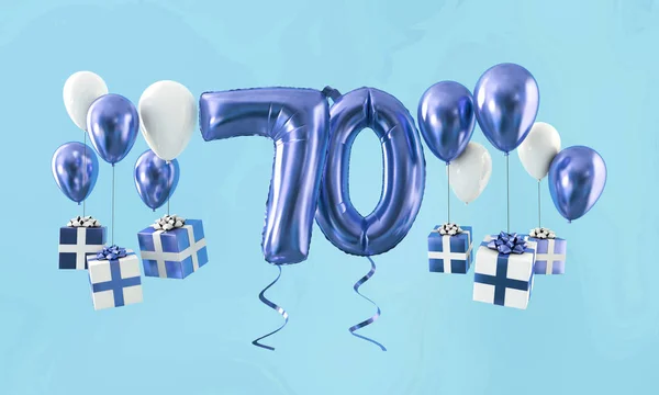 Número 70 cumpleaños celebración globo de oro con regalos. Renderizado 3D —  Fotos de Stock
