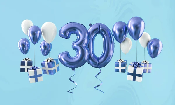 숫자 30 생일 축 하 골드 풍선 선물. 3d 렌더 — 스톡 사진