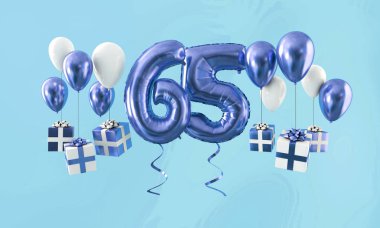 Sayı 65 hediye ile Doğum günü kutlama altın balon. 3D render