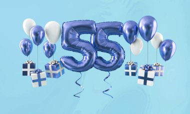 Sayı 55 hediye ile Doğum günü kutlama altın balon. 3D render