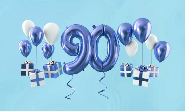 Nummer 90 Birthday Celebration Gold ballon met cadeautjes. 3D render — Stockfoto