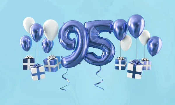 95号生日庆祝金气球与礼物。3d 渲染 — 图库照片