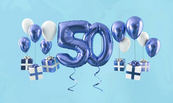 Číslo 50 oslavně zlatý balónek s dárky. prostorové vykreslení — Stock fotografie
