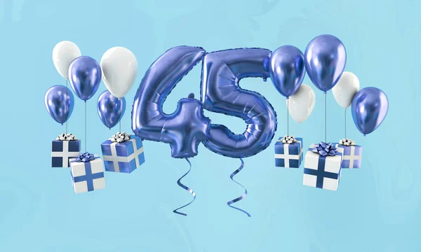 Nummer 45 Birthday Celebration Gold ballon met cadeautjes. 3D render — Stockfoto