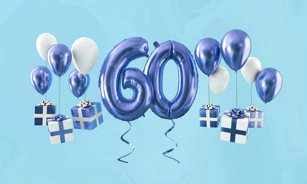 60号生日庆祝金气球与礼物。3d 渲染 — 图库照片