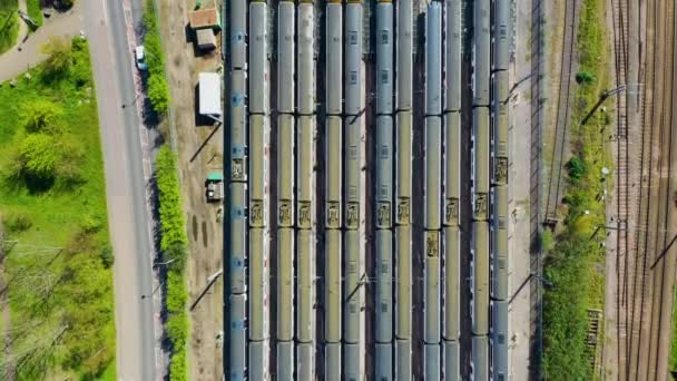 Vista aerea sui treni passeggeri in fila in una stazione — Video Stock