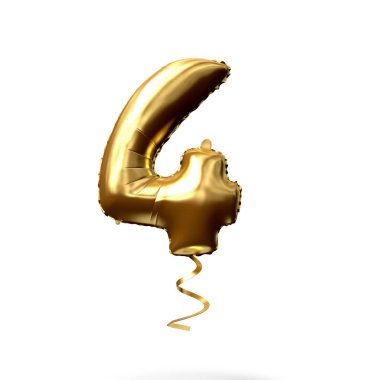 4 numaralı altın folyo helyum balonu beyaz bir arka planda izole edilmiştir. 3D render