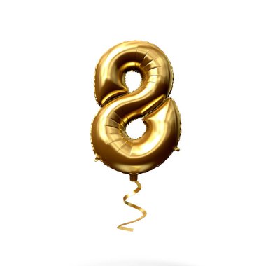 Number 8 gold foil helium balloon isolated on a white background. 3D Render